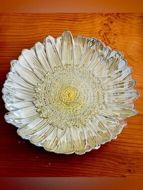Vintage Large 13” Glass Sunflower Serving Platter Embossed Floral Art Glass Tray